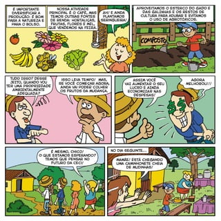 Ah! E ainda
plantamos
seringueira!
isso leva tempo! mas,
se você começar agora,
ainda vai poder colher
os frutos da mudança.
É mesmo, Chico!
O que estamos esperando?
Temos que pensar no
futuro da Ceci!
No dia seguinte...
Mamãe! Está chegando
uma caminhonete cheia
de mudinhas!
aSSIM VOCÊ
VAI AUMENTAR O SEU
LUCRO E AINDA
ECONOMIZAR NAS
DESPESAS!
aGORA
MELHOROU!!!
TUDO ISSO? DESSE
JEITO, QUANDO VOU
TER UMA PROPRIEDADE
AMBIENTALMENTE
ADEQUADA?
Aproveitamos o esterco Do GADO E
DAS GALINHAS E os restos de
cultura para adubar e evitamos
o uso de agrotóxicos.
Nossa atividade
principal é o café, mas
temos outras fontes
de renda: hortaliças,
frutas, FLORES E MEL,
QUE VENDEMOS NA FEIRA.
é importante
diversificar a
produção: É bom
para a natureza e
para o bolso.
 