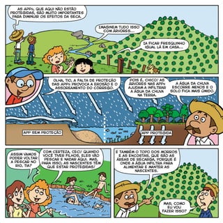 as APPs, que aqui não estão
protegidas, são muito importantes
para diminuir os efeitos da seca.
Imaginem tudo isso
com árvores...
Ia ficar fresquinho
igual lá em casa...
Olha, tio, A falta de proteção
das APPs provoca a erosão e o
assoreamento do córrego.
a água da chuva
escorre menos e o
solo fica mais úmido.
Assim vamos
poder voltar
a pescar no
rio, tia?
Com certeza, Ceci! Quando
você tiver filhos, eles vão
pescar e nadar aqui. Mas,
para isso, as nascentes têm
que estar protegidas!
E também o topo dos morros
e as encostas, que são as
áreas de recarga, porque é
onde a água infiltra para
alimentar e manter as
nascentes.
Mas, como
eu vou
fazer isso?
app sem proteção app protegida
Pois é, chico! as
árvores nas apps
ajudam a infiltrar
a água da chuva
na terra.
 