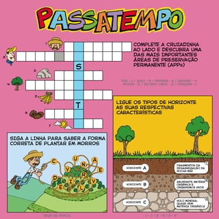 COMPLETE A CRUZADINHA
ao lado E DESCUBRA UMA
DAS MAIS IMPORTANTES
ÁREAs DE PreservaçãO
PERMANENTE (APPs)
CHORIZONTE
HORIZONTE A
HORIZONTE B
LIGUE os tipos de horizonte
as suas respectivas
características
Abundante matéria
orgânica e
organismos vivos
FRAGMENTOS DA
DESAGREGAÇÃO DA
ROCHA-MÃE
SOLO MInERAL
QUASE SEM
MATÉRIA ORGÂNICA
SIGA A LINHA PARA SABER A FORMA
CORRETA DE PLANTAR EM MORROS
1
1
2
3
4
5
6
7
a-2/B-3/C-1*CURVADENÍVEL
1-ANTÔNIO/2-JOÃOCARLOS/3-ROCHA
4-ÁRVORE/5-BANANA/6-CAFÉ/7-SOL
2
3
s
t
 