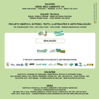 Incaper
Série Meio Ambiente 04
ISSN 1519-2059 - 1A
EDIÇÃO - Tiragem: 10.000 - março de 2010
Equipe técnica
Miguel Ângelo Aguiar - Maria da Penha Padovan
Fabiana Gomes Ruas - JOSÉ SÉRGIO SALGADO
Projeto gráfico, roteiro, texto, ilustrações e arte-finalização
ás Comunicação Ltda / (27) 3347.0163 - 3347.2499 - as@ascomunicacao.com.br
Incaper
Instituto Capixaba de Pesquisa, Assistência Técnica e Extensão Rural
Rua Afonso Sarlo, 160, Bento Ferreira, Vitória, ES CEP: 29.052-010 Caixa Postal: 391
teleFone (27): 3137-9888 / dcm@incaper.es.gov.br - www.incaper.es.gov.br
IEMA
Instituto ESTADUAL DE MEIO AMBIENTE E RECURSOS HÍDRICOS
Projeto CORREDORES ECOLÓGICOS
BR 262, KM 0, S/N, JARDIM AMÉRICA, PORTO VELHO, CARIACICA, ES CEP: 29.140-500
Fone (27): 3136-3476 - CORREDORESECOLOGICOS@IEMA.ES.GOV.BR www.IEMA.es.gov.br Nãoagredimosanatureza
Utilizamospapelreciclado
realização
O Projeto Corredores Ecológicos é uma parceria entre:
per
 