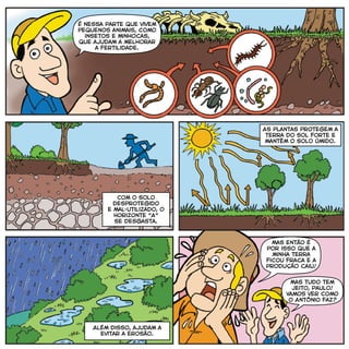 É nessa parte que vivem
pequenos animais, como
insetos e minhocas,
que ajudam a melhorar
a fertilidade.
As plantas protegem a
terra do sol forte e
mantêm o solo úmido.
Além disso, ajudam a
evitar a erosão.
Mas então é
por isso que a
minha terra
ficou fraca e a
produção caiu!
Mas tudo tem
jeito, Paulo!
Vamos ver como
o Antônio faz?
Com o solo
desprotegido
e mal-utilizado, o
Horizonte "A"
se desgasta.
 
