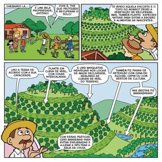 Chegando lá...
e usei banquetas
individuais nos locais
de maior declividade,
seguindo as
curvas de nível
do terreno.
com essas práticas,
criei barreiras para
evitar enxurradas e
ajudar a infiltrar a
água da chuva.
É uma bela
propriedade,
Antônio!
uso a terra de
acordo com a sua
capacidade.
Plantei em
curva de nível,
com covas
intercaladas.
Também fiz faixas de
retenção com cana-de-
açúcar, capim ou com
restos de cultura.
nas grotas fiz
barraginhas!
Tá vendo aquela encosta e o
topo do morro? Deixei a
vegetação se recuperar.
mas, também plantei espécies
nativas para evitar a erosão
e alimentar as nascentes.
Pois é, tive
que proteger
e recuperar o
solo!
 