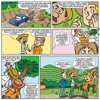 ah! As estradas, que são uma das
principais causas da erosão,
foram adequadas e ganharam
caixas secas.
Mas, hein Antônio, onde o amigo
arrumou o capital inicial para
fazer essas mudanças?
Mas tudo isso não
foi feito de um dia
pro outro...
faz alguns
anos que
comecei e fui
aplicando as
práticas de
conservação
do solo aos
poucos!
... e, com a
propriedade
em equilíbrio,
a produção
melhora e o
lucro
é certo!
ô Antônio! Agora
entendi! o solo é a
base de tudo e
temos que cuidar
dele como se fosse
da família!!
Espero que
tenha ajudado,
Paulo!
A questão não é capital,
paulo! É mudança de
atitude!
Se você cuida bem
da terra, economiza
na compra de
fertilizantes!
 