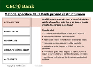 Copyright © CEC Bank 2011 www.cec.ro   Metode specifice CEC Bank privind restructurarea Modificarea scadentei si/sau a sumei de plata a ratelor de credit in sold fara a se depasi durata initiala de acordare a creditului. Caracteristici : incheierea unui act aditional la contractul de credit; mentinerea duratei de creditare initiale; modificarea datelor de rambursare a ratelor de credit; includerea sumelor restante in soldul creditului; perioade de gratie de pana la 12 luni (nu se achita principal); perioada de gratie totala de pana la 12 luni, numai in cazuri exceptionale (nu se achita dobanzi sau principal); comision de restructurare flat, la data semnarii actului aditional. RESCADENTARE REESALONARE REFINANTARE CREDIT PE TERMEN SCURT ALTE SOLUTII 