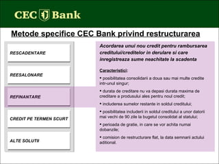 Metode specifice CEC Bank privind restructurarea Acordarea unui nou credit pentru rambursarea creditului/creditelor in derulare si care inregistreaza sume neachitate la scadenta Caracteristici : posibilitatea consolidarii a doua sau mai multe credite intr-unul singur; durata de creditare nu va depasi durata maxima de creditare a produsului ales pentru noul credit; includerea sumelor restante in soldul creditului; posibilitatea includerii in soldul creditului a unor datorii mai vechi de 90 zile la bugetul consolidat al statului; perioada de gratie, in care se vor achita numai dobanzile; comision de restructurare flat, la data semnarii actului aditional. RESCADENTARE REESALONARE REFINANTARE CREDIT PE TERMEN SCURT ALTE SOLUTII 