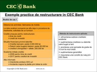 Copyright © CEC Bank 2011 www.cec.ro   Exemple practice de restructurare in CEC Bank Studiul de caz 1 Obiectul de activitate: fabricarea de mobila La data analizei compania se afla deja in procedura de insolventa, solicitata de un furnizor Credite propuse pentru restructurare: linie de credit credit de investitii Situatie financiara privind datoriile: Credite bancare: peste 2.000.000 lei Datorii catre  bugetul statului: peste 90.000 lei creditori chirografari + altele: 250.000 lei Scadenta initiala credite: 2009 pentru linia de credit 2017 pentru creditul de investitii Alte informatii: Interdicitie emitere CEC-uri Incidente majore la platile prin bilete la ordin refinantarea soldului creditelor existente suplimentarea creditului cu datoriile catre buget si terti acordarea unei perioade de gratie de 12 luni la noul credit suplimentarea garantiillor impunerea unei conditii de rulaj prin CEC Bank Metoda de restructurare aplicata: 