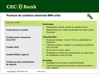 Copyright © CEC Bank 2011 www.cec.ro   Destinatie: Satisfacerea nevoilor curente de capital de lucru; Refinantarea unor credite contractate de la alte institutii financiare; Caracteristici : Durata de creditare : maxim 12 luni cu posibilitate de prelungire; Valoarea creditului: corelata cu necesarul de capital de lucru al firmei; Se acorda in Lei sau valuta; Posibilitate de rambursare permanenta, pe toata durata de valabilitate a liniei de credit  Avantaje: Modalitati de rambursare si garantii flexibile;  Dobanda avantajoasa la depozite in cazul garantarii cu cash colateral. Linii de credit Credit pentru investitii Credite pentru finantarea stocurilor Credite APIA Credite RABLA Agricol Credite pe baza certificatelor  de depozit Produse de creditare destinate IMM-urilor 