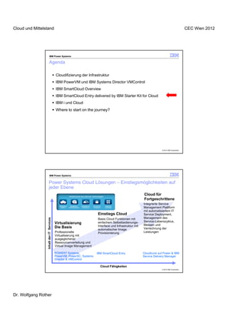 Cloud und Mittelstand                                                                                                                                                                 CEC Wien 2012




                          IBM Power Systems

                         Agenda

                                           Cloudifizierung der Infrastruktur
                                           IBM PowerVM und IBM Systems Director VMControl
                                           IBM SmartCloud Overview
                                           IBM SmartCloud Entry delivered by IBM Starter Kit for Cloud
                                           IBM i und Cloud
                                           Where to start on the journey?




                                                                                                                                                             © 2012 IBM Corporation




                          IBM Power Systems


                       Power Systems Cloud Lösungen – Einstiegsmöglichkeiten auf
                       jeder Ebene
                                                               Infrastructure as a Service Technologies
                                                                                                                                                Cloud für
                                                                                                                                                Fortgeschrittene
                                                                                                                                                Integrierte Service
                                              Infrastructure      Management        Availability and   Security and   Usage and
                                                 Platform      and Administration    Performance       Compliance     Accounting                Management Plattform
                                                                                                                                                mit automatisiertem IT
                                                                                                              Einstiegs Cloud                   Service Deployment,
                                                                                                                                                Management des
                  Inhalt der IT Services




                                                                                                              Basis Cloud Funktionen mit
                                                                                                              einfachem Selbstbedienungs-       Service-Lebenszyklus,
                                           Virtualisierung                                                                                      Messen und
                                           Die Basis                                                          Interface und Infrastruktur mit
                                                                                                              automatischer Image               Verrechnung der
                                           Professionelle                                                     Provisionierung                   Leistungen
                                           Virtualisierung mit
                                           ausgeglichener
                                           Ressourcenverteilung und
                                           Virtual Image Management

                                           POWER7 Systems,                                                  IBM SmartCloud Entry                Cloudburst auf Power & IBM
                                           PowerVM, PowerSC, Systems                                                                            Service Delivery Manager
                                           Director & VMControl

                                                                                                                  Cloud Fähigkeiten
                                                                                                                                                             © 2012 IBM Corporation




Dr. Wolfgang Rother
 