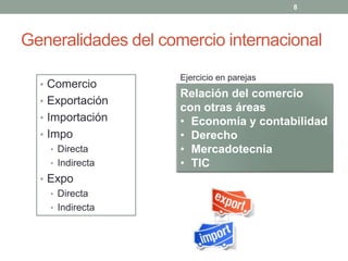 Generalidades del comercio internacional
• Comercio
• Exportación
• Importación
• Impo
• Directa
• Indirecta
• Expo
• Directa
• Indirecta
8
Relación del comercio
con otras áreas
• Economía y contabilidad
• Derecho
• Mercadotecnia
• TIC
Ejercicio en parejas
 