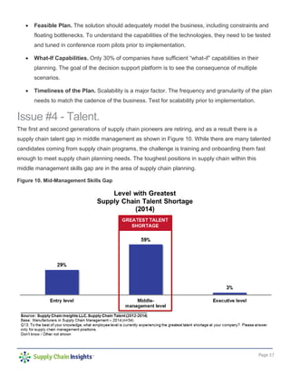 Page 17
• Feasible Plan. The solution should adequately model the business, including constraints and
floating bottlenecks. To understand the capabilities of the technologies, they need to be tested
and tuned in conference room pilots prior to implementation.
• What-If Capabilities. Only 30% of companies have sufficient “what-if” capabilities in their
planning. The goal of the decision support platform is to see the consequence of multiple
scenarios.
• Timeliness of the Plan. Scalability is a major factor. The frequency and granularity of the plan
needs to match the cadence of the business. Test for scalability prior to implementation.
Issue #4 - Talent.
The first and second generations of supply chain pioneers are retiring, and as a result there is a
supply chain talent gap in middle management as shown in Figure 10. While there are many talented
candidates coming from supply chain programs, the challenge is training and onboarding them fast
enough to meet supply chain planning needs. The toughest positions in supply chain within this
middle management skills gap are in the area of supply chain planning.
Figure 10. Mid-Management Skills Gap
 