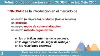 Definición de innovación según OCDE-Eurostat, Oslo 2005
Claves para la innovación educativa eficaz en los centros
3
“INNOV...