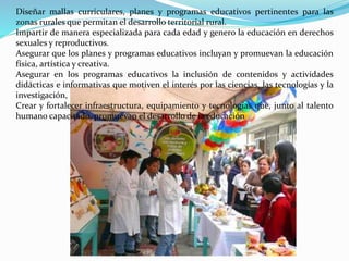Diseñar mallas curriculares, planes y programas educativos pertinentes para las
zonas rurales que permitan el desarrollo territorial rural.
Impartir de manera especializada para cada edad y genero la educación en derechos
sexuales y reproductivos.
Asegurar que los planes y programas educativos incluyan y promuevan la educación
física, artística y creativa.
Asegurar en los programas educativos la inclusión de contenidos y actividades
didácticas e informativas que motiven el interés por las ciencias, las tecnologías y la
investigación,
Crear y fortalecer infraestructura, equipamiento y tecnologías que, junto al talento
humano capacitado, promuevan el desarrollo de la educación
 