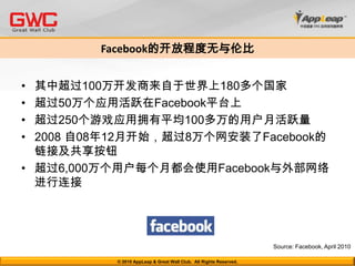 Facebook的开放程度无与伦比© 2010 AppLeap & Great Wall Club.  All Rights Reserved. 其中超过100万开发商来自于世界上180多个国家超过50万个应用活跃在Facebook平台上超过250个游戏应用拥有平均100多万的用户月活跃量2008 自08年12月开始，超过8万个网安装了Facebook的链接及共享按钮超过6,000万个用户每个月都会使用Facebook与外部网络进行连接Source: Facebook, April 2010