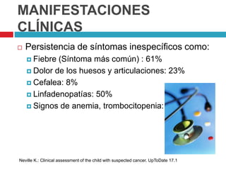 MANIFESTACIONES
CLÍNICAS
 Persistencia de síntomas inespecíficos como:
 Fiebre (Síntoma más común) : 61%
 Dolor de los huesos y articulaciones: 23%
 Cefalea: 8%
 Linfadenopatías: 50%
 Signos de anemia, trombocitopenia: 35%
Neville K.: Clinical assessment of the child with suspected cancer. UpToDate 17.1
 