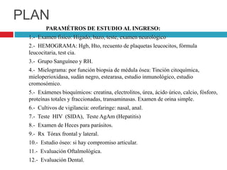 PLAN
PARAMÉTROS DE ESTUDIO AL INGRESO:
1.- Examen físico: Hígado, bazo, teste, examen neurológico
2.- HEMOGRAMA: Hgb, Hto, recuento de plaquetas leucocitos, fórmula
leucocitaria, test cia.
3.- Grupo Sanguíneo y RH.
4.- Mielograma: por función biopsia de médula ósea: Tinción citoquímica,
mieloperioxidasa, sudán negro, estearasa, estudio inmunológico, estudio
cromosómico.
5.- Exámenes bioquímicos: creatina, electrolitos, úrea, ácido úrico, calcio, fósforo,
proteínas totales y fraccionadas, transaminasas. Examen de orina simple.
6.- Cultivos de vigilancia: orofaringe: nasal, anal.
7.- Teste HIV (SIDA), Teste AgAm (Hepatitis)
8.- Examen de Heces para parásitos.
9.- Rx Tórax frontal y lateral.
10.- Estudio óseo: si hay compromiso articular.
11.- Evaluación Oftalmológica.
12.- Evaluación Dental.
 