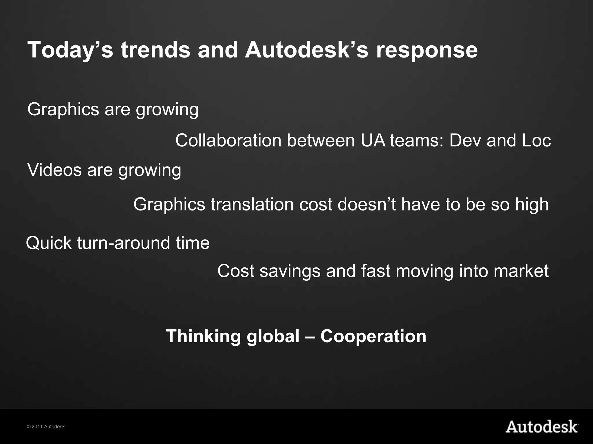 Today’s trends and Autodesk’s responseGraphics are growingCollaboration between UA teams: Dev and LocVideos are growingGraphics translation cost doesn’t have to be so highQuick turn-around timeCost savings and fast moving into marketThinking global – Cooperation 