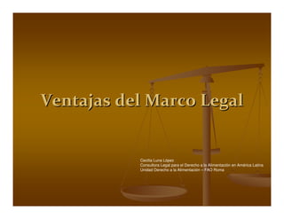 Ventajas del Marco Legal

Cecilia Luna López
Consultora Legal para el Derecho a la Alimentación en América Latina
Unidad Derecho a la Alimentación – FAO Roma

 