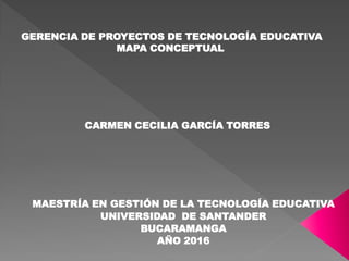 GERENCIA DE PROYECTOS DE TECNOLOGÍA EDUCATIVA
MAPA CONCEPTUAL
CARMEN CECILIA GARCÍA TORRES
MAESTRÍA EN GESTIÓN DE LA TECNOLOGÍA EDUCATIVA
UNIVERSIDAD DE SANTANDER
BUCARAMANGA
AÑO 2016
 