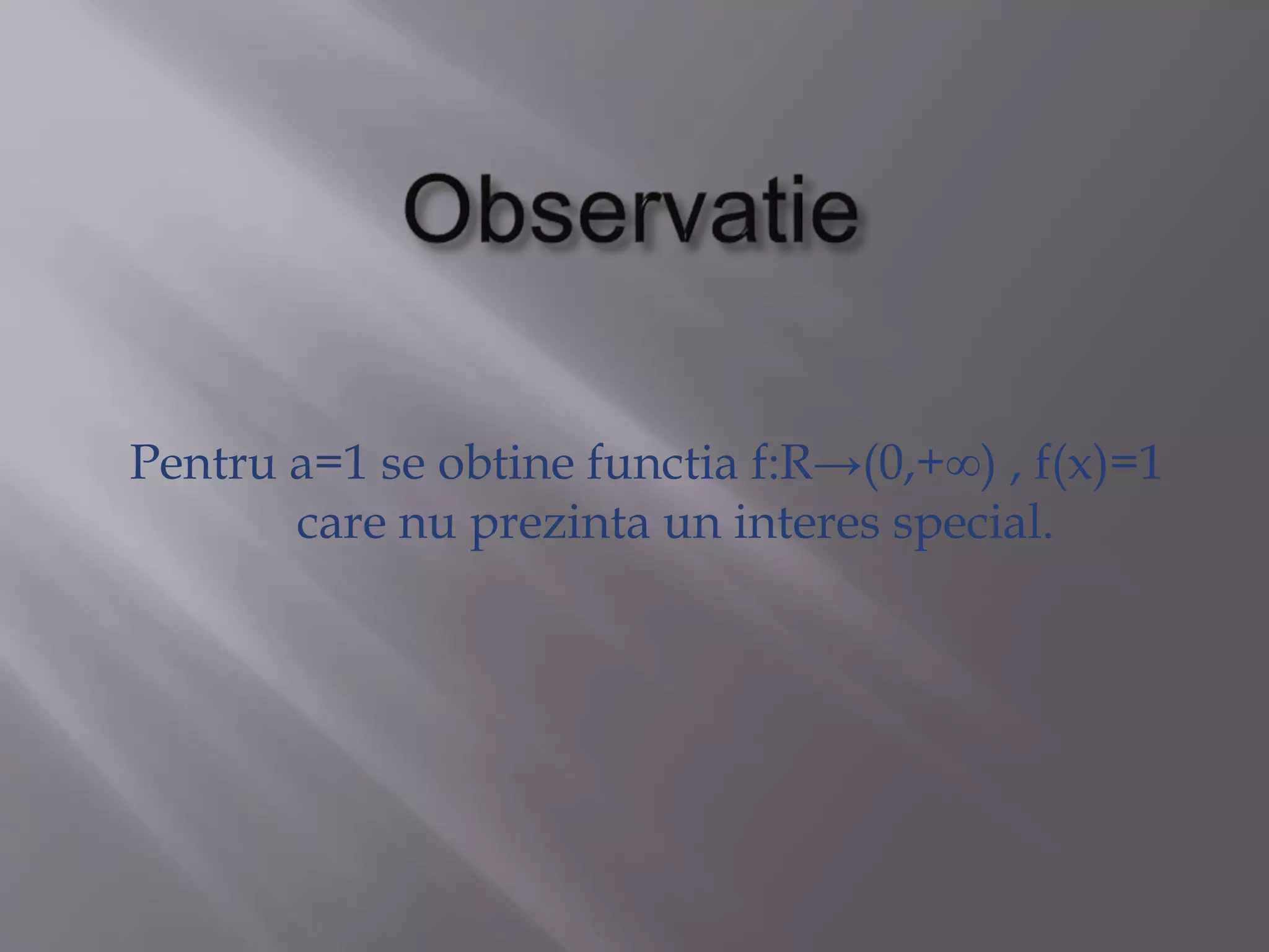 Pentru a=1 se obtine functia f:R→(0,+∞) , f(x)=1
care nu prezinta un interes special.
 