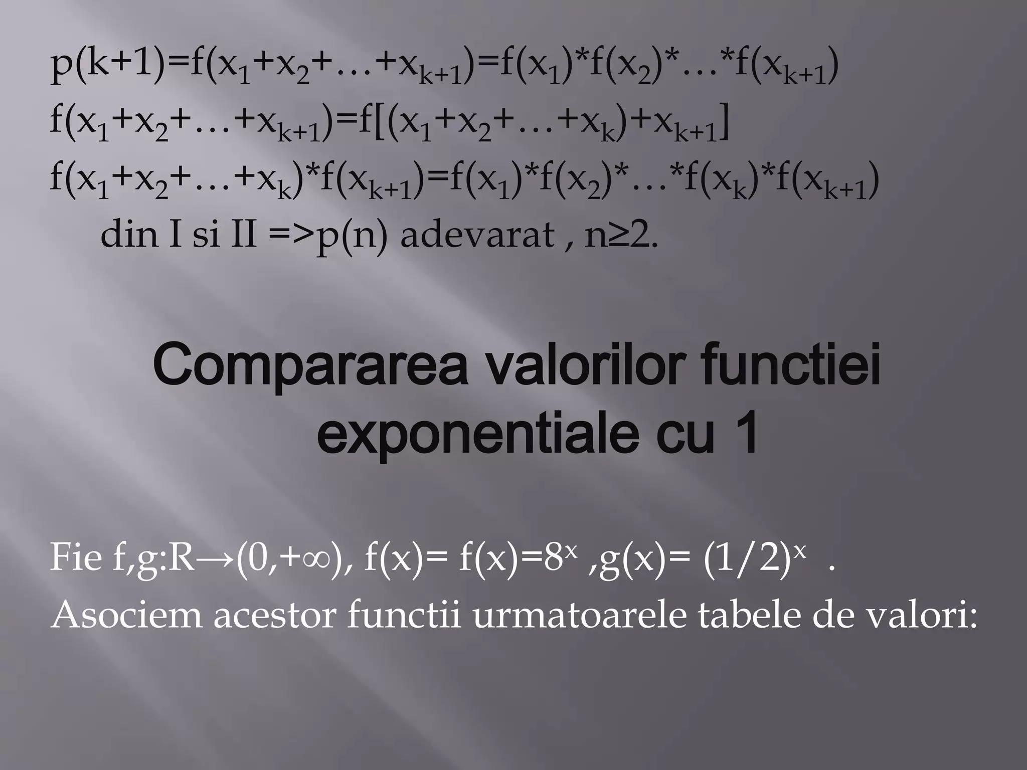 p(k+1)=f(x1+x2+…+xk+1)=f(x1)*f(x2)*…*f(xk+1)
f(x1+x2+…+xk+1)=f[(x1+x2+…+xk)+xk+1]
f(x1+x2+…+xk)*f(xk+1)=f(x1)*f(x2)*…*f(xk)*f(xk+1)
din I si II =>p(n) adevarat , n≥2.
Compararea valorilor functiei
exponentiale cu 1
Fie f,g:R→(0,+∞), f(x)= f(x)=8x ,g(x)= (1/2)x .
Asociem acestor functii urmatoarele tabele de valori:
 