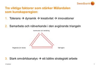Tre viktiga faktorer som stärker Mälardalen som kunskapsregion:Tolerans  dynamik  kreativitet  innovationerSamarbete och nätverkande i den avgörande triangelnStark omvärldsanalys  ett bättre strategiskt arbete9