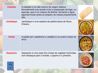 Ciabatta   A ciabatta é um pão branco de origem italiana.
            Normalmente sua receita inclui a preparação da biga, ou
            esponja, que é um mistura de farinha, fermento e água
            algumas horas antes do preparo da massa propriamente
            dita.
Jambalaya   Jambalaya é uma espécie de paelha típica de Nova
            Orleans.




  Paella    A paella (em castelhano e catalão) é um prato à base de
            arroz




Gaspacho    Gaspacho é uma sopa fria à base de vegetais hortícolas,
            com destaque para o tomate, o pepino e o pimento.



  voltar
 