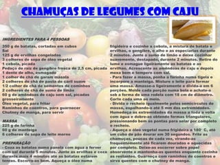 Chamuças de Legumes com Caju

INGREDIENTES PARA 4 PESSOAS
350 g de batatas, cortadas em cubos                 frigideira e cozinhe a cebola, a mistura de batata e
Sal                                                 ervilhas, o gengibre, o alho e as especiarias durante
125 g de ervilhas congeladas                        2 minutos. Junte o sumo de limão e deixe cozinhar
3 colheres de sopa de óleo vegetal                  suavemente, destapado, durante 2 minutos. Retire do
1 cebola, picada                                    lume e esmague ligeiramente as batatas e as
Pedaço de raiz de gengibre fresca de 2,5 cm, picada ervilhas. Acrescente as amêndoas de caju e depois
1 dente de alho, esmagado                           mexa bem e tempere com sal.
1 colher de chá de garam masala                     - Para fazer a massa, ponha a farinha numa tigela e
2 colheres de chá de pasta de caril suave           incorpore a manteiga. Misture o leite para formar
1/2 colher de chá de sementes de cominhos           uma massa. Amasse-a ligeiramente e divida-a em 6
2 colheres de chá de sumo de limão                  porções. Molde cada porção numa bola e achate-a
60 g de amêndoas de caju sem sal, picadas           sob a forma de uma rodela com 18 cm de diâmetro.
grosseiramente                                      Corte cada uma ao meio.
Óleo vegetal, para fritar                           - Divida o recheio igualmente pelos semicírculos de
Raminhos de coentros, para guarnecer                massa, espalhando-o até 5 mm das extremidades.
Chutney de manga, para servir                       Humedeça as extremidades da massa a toda a volta
                                                    com água e dobre-as obtendo formas triangulares,
MASSA                                               pressionando bem as pontas para selar por completo
225 g de farinha                                    o recheio.
60 g de manteiga                                    - Aqueça o óleo vegetal numa frigideira a 180° C, até
6 colheres de sopa de leite morno                   um cubo de pão dourar em 30 segundos. Frite as
                                                    chamuças, poucas de cada vez, virando-as
PREPARAÇÃO                                          frequentemente até ficarem douradas e aquecidas
- Coza as batatas numa panela com água a ferver     por completo. Deixe-as escorrer sobre papel
com sal durante 5 minutos. Junte as ervilhas e coza absorvente e mantenha-as quentes enquanto cozinha
durante mais 4 minutos até as batatas estarem       as restantes. Guarneça com raminhos de coentros e
tenras. Escorra-as bem. Aqueça o óleo numa          sirva quentes com o chutney de manga.
 