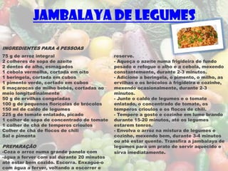 Jambalaya de Legumes

INGREDIENTES PARA 4 PESSOAS
75 g de arroz integral                      reserve.
2 colheres de sopa de azeite                - Aqueça o azeite numa frigideira de fundo
2 dentes de alho, esmagados                 pesado e refogue o alho e a cebola, mexendo
1 cebola vermelha, cortada em oito          constantemente, durante 2-3 minutos.
1 beringela, cortada em cubos               - Adicione a beringela, o pimento, o milho, as
1 pimento verde, cortado em cubos           ervilhas e os brócolos à frigideira e cozinhe,
6 maçarocas de milho bebés, cortadas ao     mexendo ocasionalmente, durante 2-3
meio longitudinalmente                      minutos.
50 g de ervilhas congeladas                 - Junte o caldo de legumes e o tomate
100 g de pequenos florícolas de brócolos    enlatado, o concentrado de tomate, os
150 ml de caldo de legumes                  temperos crioulos e os flocos de chili.
225 g de tomate enlatado, picado            - Tempere a gosto e cozinhe em lume brando
1 colher de sopa de concentrado de tomate   durante 15-20 minutos, até os legumes
1 colher de chá de temperos crioulos        estarem tenros.
Colher de chá de flocos de chili            - Envolva o arroz na mistura de legumes e
Sal e pimenta                               cozinhe, mexendo bem, durante 3-4 minutos
                                            ou até estar quente. Transfira a jambalaya de
PREPARAÇÃO                                  legumes para um prato de servir aquecido e
-Coza o arroz numa grande panela com        sirva imediatamente.
-água a ferver com sal durante 20 minutos
até estar bem cozido. Escorra. Enxagúe-o
com água a ferver, voltando a escorrer e
 