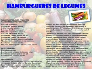 Hambúrgueres de Legumes

INGREDIENTES PARA 4 PESSOAS
HAMBÚRGUERES DE LEGUMES
100 g de espinafres                                 francês e o alho durante 2-3 minutos. Junte os
1 colher de sopa de azeite                          restantes ingredientes, excepto o pão ralado, e
1 alho-francês, picado                              cozinhe durante 5-7 minutos até os legumes estarem
2 dentes de alho, esmagados                         macios. Acrescente os espinafres e cozinhe mais 1
100 g de cogumelos, picados                         minuto.
300 g de íoft; firme, picado                        - Transfira a mistura para uma trituradora e triture
1 colher de chá de piripiri em pó                   durante 30 segundos até ficar quase homogénea.
1 colher de chá de caril em pó                      Transfira para uma tigela e inclua o pão ralado,
1 colher de sopa de coentros, picados               mexendo bem, deixando depois arrefecer o
75 g de pão integral ralado no momento              suficiente para poder amassar o preparado com as
1 colher de sopa de azeite                          mãos. Com as mãos enfarinhadas, transforme a
Pão para hambúrguer e salada, para servir           mistura em quatro hambúrgueres de tamanho igual.
                                                    Leve ao frigorífico durante 30 minutos.
BATATAS FRITAS                                      - Para fazer as batatas fritas, corte as batatas em
2   batatas grandes                                 gomos finos e coza-as numa panela com água a
2   colheres de sopa de farinha de trigo            ferver durante 10 minutos. Escorra-as e acrescente a
1   colher de chá de piripiri em pó                 farinha e o piripiri em pó. Disponha as batatas sobre
2   colheres de sopa de azeite                      um tabuleiro de forno e salpique-as com o azeite.
                                                    Cozinhe no forno previamente aquecido, a 200° C,
PREPARAÇÃO                                          durante 30 minutos até ficarem douradas.
- Para fazer os hambúrgueres, coza os espinafres    - Entretanto, aqueça 1 colher de sopa de azeite numa
num pouco de água a ferver durante 2 minutos.       frigideira e frite os hambúrgueres durante 8-10
Escorra bem e seque-os com papel absorvente.        minutos, virando-os uma vez. Sirva com salada
- Aqueça o azeite numa caçarola e salteie o alho-   dentro de um pão e com batatas fritas.
 