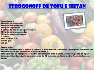 Strogonoff de tofu e seitan

Ingredientes:
400g de seitan picado
400g de tofu triturado
150g de cogumelos
1 colher de chá de gengibre ralado
100g de cenouras picadas
150g de tomates frescos
1 cebola
alho francês q.b
azeite q.b
sal q.b

Preparação:
Faz um refogado com o azeite, a cebola, o alho francês, a cenoura, o gengibre, o tomate, os
cogumelos e o sal colocados. Adiciona então o
tofu triturado ao refogado e o seitan previamente frito á parte. Junta um pouco de água e
deixa cozinhar tudo junto durante cerca de 10 minutos em lume médio. Acompanha com
arroz.
 