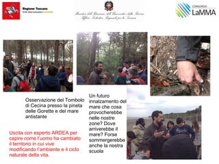 Uscita con esperto ARDEA per
capire come l’uomo ha cambiato
il territorio in cui vive
modificando l’ambiente e il ciclo
naturale della vita.
Osservazione del Tombolo
di Cecina presso la pineta
delle Gorette e del mare
antistante
Un futuro
innalzamento del
mare che cosa
provocherebbe
nelle nostre
zone? Dove
arriverebbe il
mare? Forse
sommergerebbe
anche la nostra
scuola
 