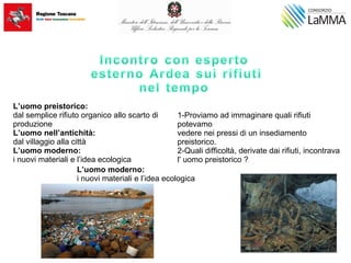 L’uomo preistorico:
dal semplice rifiuto organico allo scarto di
produzione
L’uomo nell’antichità:
dal villaggio alla città
L’uomo moderno:
i nuovi materiali e l’idea ecologica
1-Proviamo ad immaginare quali rifiuti
potevamo
vedere nei pressi di un insediamento
preistorico.
2-Quali difficoltà, derivate dai rifiuti, incontrava
l' uomo preistorico ?
L’uomo moderno:
i nuovi materiali e l’idea ecologica
 