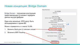 10© 2014–2015 Cisco and/or its affiliates. All rights reserved.
Bridge Domain - логическая конструкция
представляющая L2-сегмент передачи
данных внутри фабрики
Один или несколько EPG могут быть
ассоциированы с одним BD
Можно «превратить» в аналог VLAN:
1.  Влючить flood для L2 unknown unicast
2.  Включить ARP Flooding
Новая концепция: Bridge Domain
 
