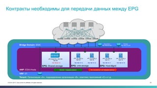 22© 2014–2015 Cisco and/or its affiliates. All rights reserved.
Контракты необходимы для передачи данных между EPG
Bridge Domain: ESXi
Tenant: Организация «А», подразделение организации «Б», комплекс приложений «С» и т.д.
VRF: 01
vPC_to_UCS_a
vlan-30
vPC_to_UCS_b
vlan-30
EPG: vmk-storage
vPC Node104_105/1/50
vlan-40
EPG: Shared-storage
Контакт = передача данныхANP: ESXi-Hosts
vPC_to_UCS_a
vlan-10
vPC_to_UCS_b
vlan-10
EPG: Host-Mgmt
192.168.10.13192.168.20.10 192.168.10.12
Secondary
192.168.20.x/24
Primary
192.168.10.x/24
192.168.10.11 192.168.10.10
Нет контрактов = нет передачи данных
 