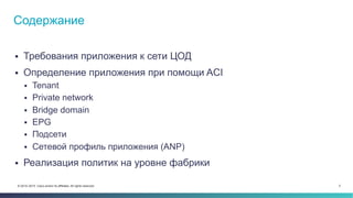 3© 2014–2015 Cisco and/or its affiliates. All rights reserved.
§  Требования приложения к сети ЦОД
§  Определение приложения при помощи ACI
§  Tenant
§  Private network
§  Bridge domain
§  EPG
§  Подсети
§  Сетевой профиль приложения (ANP)
§  Реализация политик на уровне фабрики
Содержание
 
