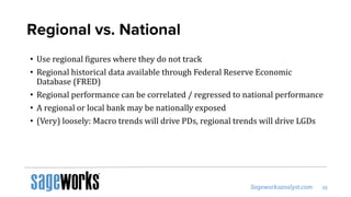 Regional vs. National
• Use regional figures where they do not track
• Regional historical data available through Federal Reserve Economic
Database (FRED)
• Regional performance can be correlated / regressed to national performance
• A regional or local bank may be nationally exposed
• (Very) loosely: Macro trends will drive PDs, regional trends will drive LGDs
 