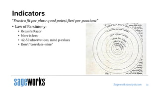 Indicators
“Frustra fit per plura quod potest fieri per pauciora"
• Law of Parsimony:
• Occam’s Razor
• More is less
• 42-50 observations, mind p-values
• Don’t “correlate-mine”
 