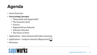 Agenda
• Series Overview
• Forecasting Concepts:
• “Reasonable and Supportable”
• The Economic Cycle
• Sources
• Regional Versus National
• Indicator Selection
• The Future is Now!
• Applications – Data-intensive (Periodic exclusion)
• Applications – Analysis-intensive (Regression)
• Reversion
 