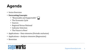 Agenda
• Series Overview
• Forecasting Concepts:
• “Reasonable and Supportable”
• The Economic Cycle
• Sources
• Regional Versus National
• Indicator Selection
• The Future is Now!
• Applications – Data-intensive (Periodic exclusion)
• Applications – Analysis-intensive (Regression)
• Reversion
 