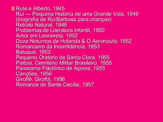 Rute e Alberto, 1945 Rui — Pequena História de uma Grande Vida, 1949 (biografia de Rui Barbosa para crianças) Retrato Natural, 1949 Problemas de Literatura Infantil, 1950 Amor em Leonoreta, 1952 Doze Noturnos de Holanda & O Aeronauta, 1952 Romanceiro da Inconfidência, 1953 Batuque, 1953 Pequeno Oratório de Santa Clara, 1955 Pistóia, Cemitério Militar Brasileiro, 1955 Panorama Folclórico de Açores, 1955 Canções, 1956 Giroflê, Giroflá, 1956 Romance de Santa Cecília, 1957 