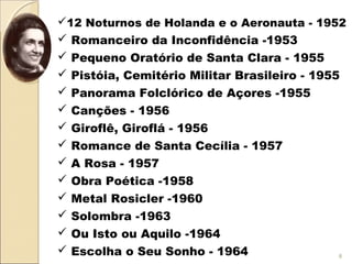 12 Noturnos de Holanda e o Aeronauta - 1952
 Romanceiro da Inconfidência -1953
 Pequeno Oratório de Santa Clara - 1955
 Pistóia, Cemitério Militar Brasileiro - 1955
 Panorama Folclórico de Açores -1955
 Canções - 1956
 Giroflê, Giroflá - 1956
 Romance de Santa Cecília - 1957
 A Rosa - 1957
 Obra Poética -1958
 Metal Rosicler -1960
 Solombra -1963
 Ou Isto ou Aquilo -1964
 Escolha o Seu Sonho - 1964   8
 