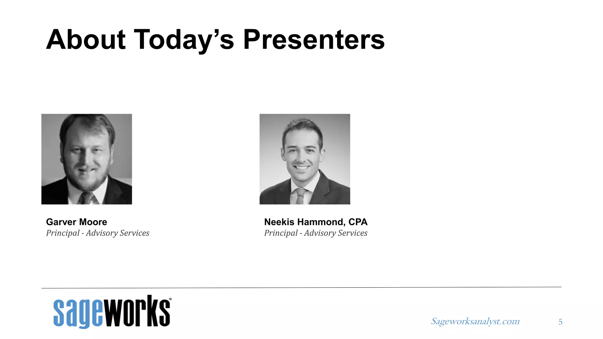 Sageworksanalyst.com
About Today’s Presenters
5
Garver Moore
Principal - Advisory Services
Neekis Hammond, CPA
Principal - Advisory Services
 