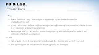 PD & LGD.
Pros and Cons
• Pros
» Better Feedback Loop – the analysis is segmented by attributes observed at
origination/renewal
» Wider Utilization – default and loss are separate underwriting considerations, this facilitates
more equipped underwriting practices
» Necessary for DCF – DCF models, when done properly, will include periodic default and
collection of default assumptions
• Cons
» Out-of-date – if n = 3, your most recent observed 3-yr. loss experience is 3 years old
» Vintage – origination and renewal date are typically not leveraged
 
