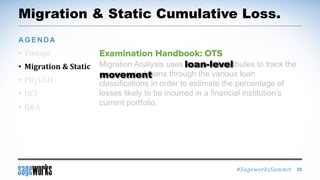#SageworksSummit
Migration Analysis uses loan-level attributes to track the
movement of loans through the various loan
classifications in order to estimate the percentage of
losses likely to be incurred in a financial institution’s
current portfolio.
Migration & Static Cumulative Loss.
• Vintage
• Migration & Static
• PD/LGD
• DCF
• Q&A
AGENDA
35
loan-level
movement
 