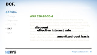 #SageworksSummit
If an entity estimates expected credit losses using
methods that project future principal and interest cash
flows (that is, a discounted cash flow method), the entity
shall discount expected cash flows at the financial
asset’s effective interest rate. When a discounted cash
flow method is applied, the allowance for credit losses
shall reflect the difference between the amortized cost
basis and the present value of the expected cash flows.
DCF.
• Vintage
• Migration
• PD/LGD
• DCF
• Q&A
AGENDA
60
amortized cost basis
effective interest rate
discount
 