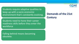 Demands of the 21st
Century
Students require adaptive qualities to
keep up with a socio economic
environment that’s constantly evolving.
Students need to hone their career
readiness skills before they enter the
workforce
Falling behind means becoming
obsolete.
 