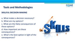 Tools and Methodologies
SKILLFUL DECISION MAKING
a. What makes a decision necessary?
b. What are my options?
c. What are the likely consequences of
these options?
d. How important are these
consequences?
e. What’s the best option in light of the
consequences?
 