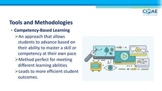 Tools and Methodologies
• Competency-Based Learning
ØAn approach that allows
students to advance based on
their ability to master a skill or
competency at their own pace
ØMethod perfect for meeting
different learning abilities
ØLeads to more efficient student
outcomes.
 