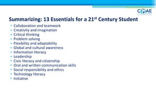 Summarizing: 13 Essentials for a 21st Century Student
• Collaboration and teamwork
• Creativity and imagination
• Critical thinking
• Problem solving
• Flexibility and adaptability
• Global and cultural awareness
• Information literacy
• Leadership
• Civic literacy and citizenship
• Oral and written communication skills
• Social responsibility and ethics
• Technology literacy
• Initiative
 