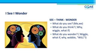 I See I Wonder
SEE – THINK - WONDER
• What do you see? (Me,we)
• What do you think? ( Why,
wiggle, what if)
• What do you wonder? ( Wiggle,
what if, why, wobble, “WILL”!)
 